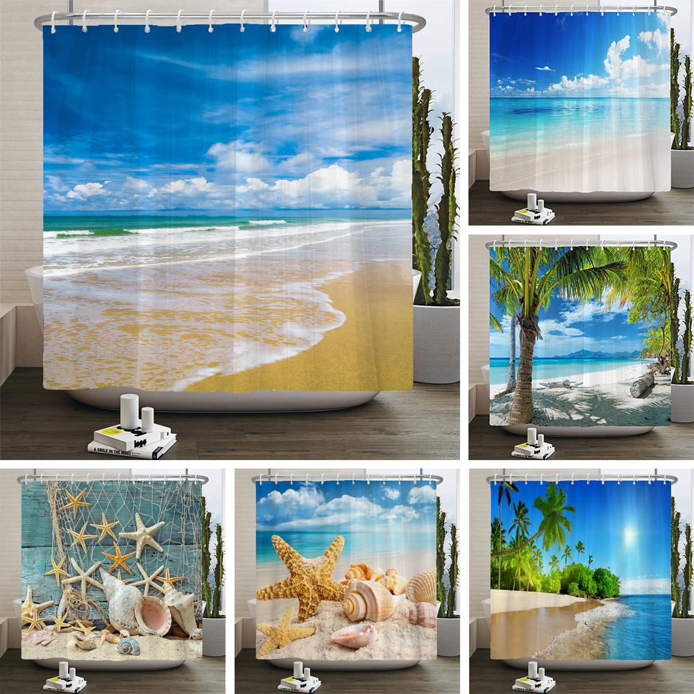 3d Beach Scenery Shower Curtai - Shower Curtain Liner บทวิจารณ์และราคา