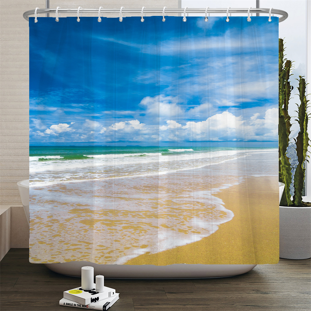 3d Beach Scenery Shower Curtai - Shower Curtain Liner บทวิจารณ์และราคา
