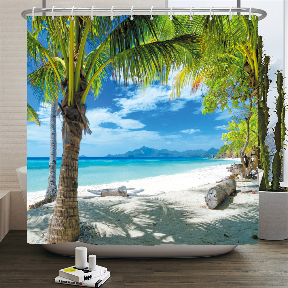 3d Beach Scenery Shower Curtai - Shower Curtain Liner บทวิจารณ์และราคา